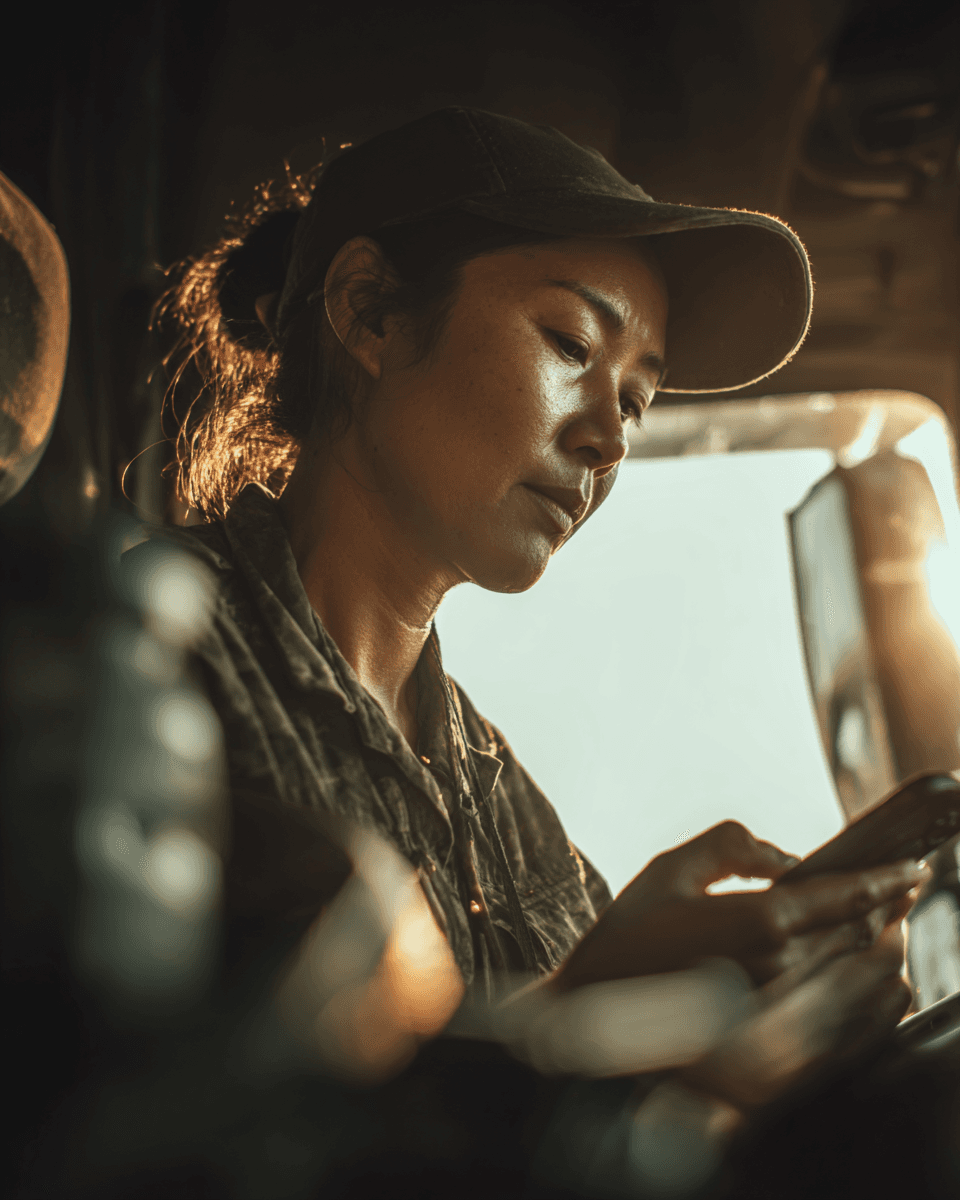 Driver looking at phone in truck cab