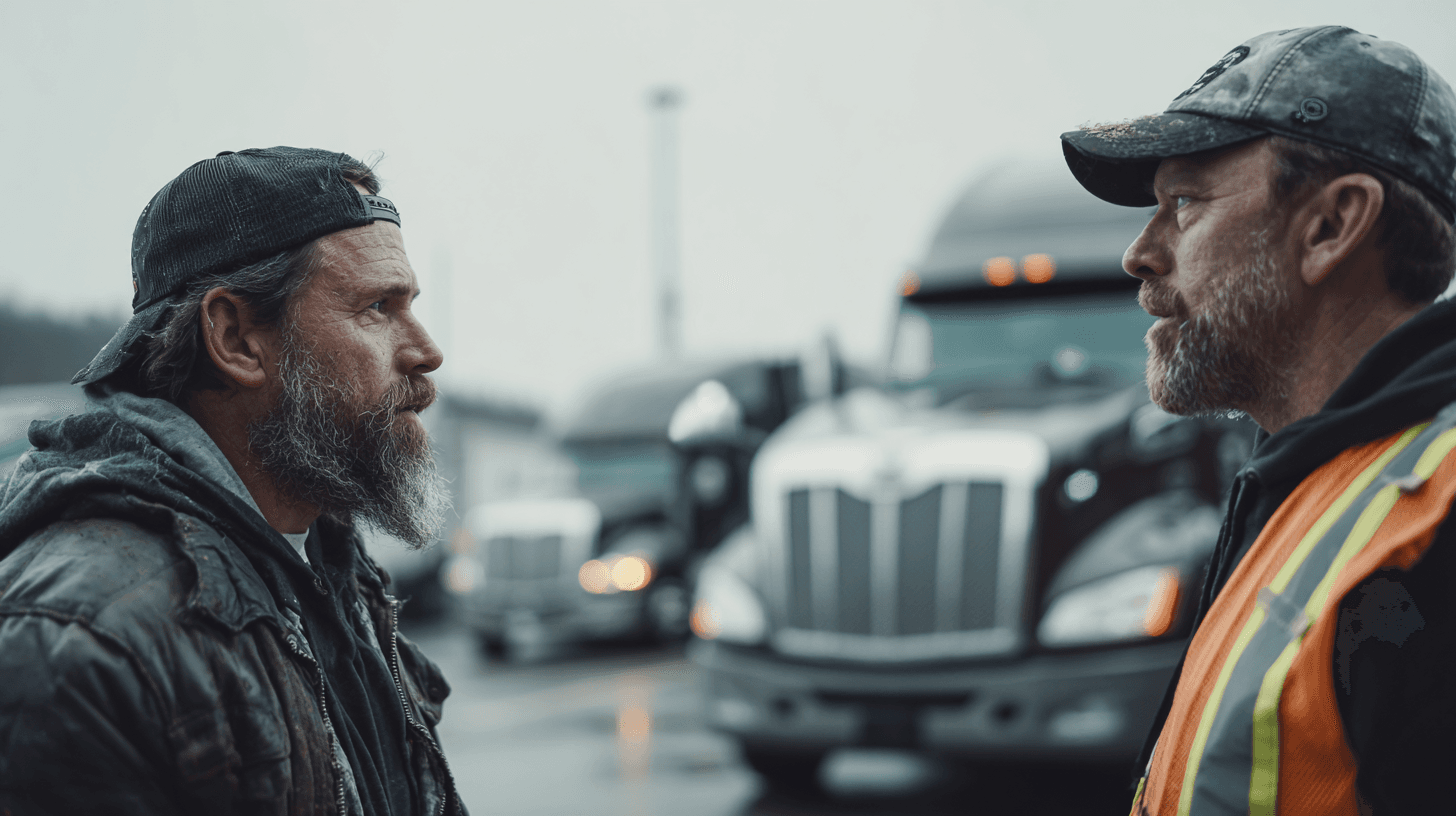Drivers in conversation at truck stop